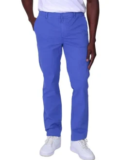 Pantalon chino en coton bleu uni avec une coupe ajustée et une taille élastiquée