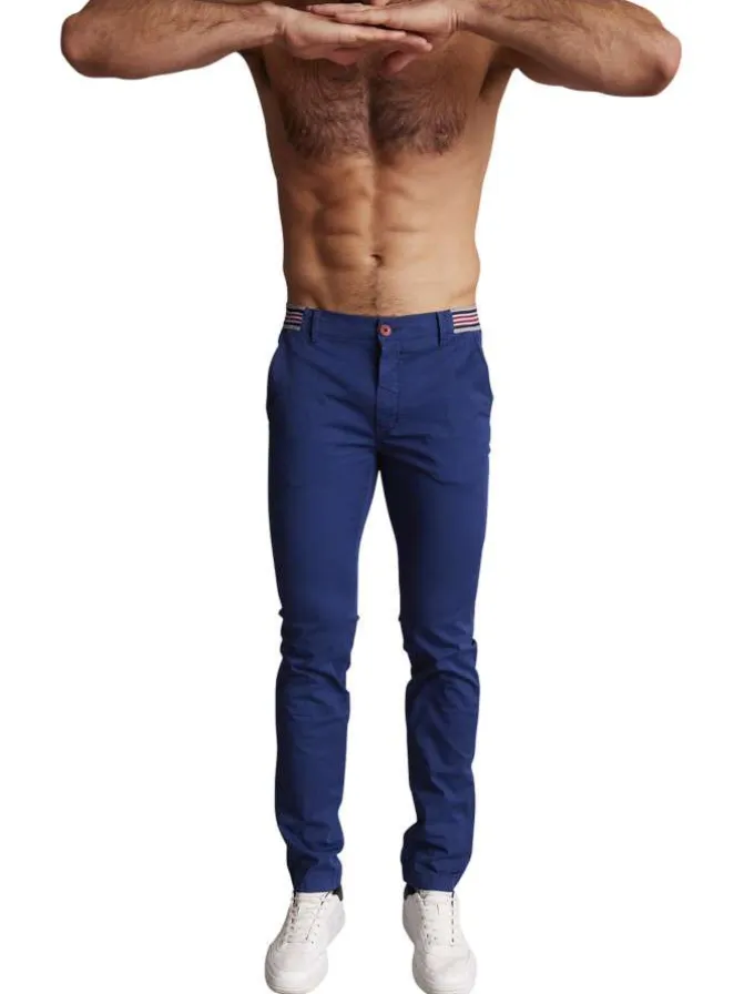 Pantalon chino en coton bleu uni à coupe slim fit et à taille tricolore