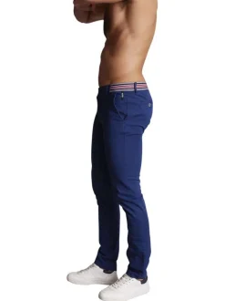 Pantalon chino en coton bleu uni à coupe slim fit et à taille tricolore