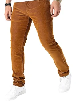 Pantalon Chino en coton brique uni aspect velours avec deux poches latérales