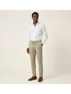 Pantalon chino en coton et lin mélangé beige uni pourvu d'une coupe slim