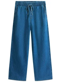 Pantalon Chino en coton indigo uni avec une coupe large et une taille élastiquée