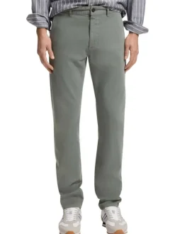 Pantalon chino en coton kaki à coupe slim pourvu d'une fermeture zippée