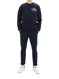 Pantalon Chino en coton marine uni avec une coupe slim et des poches latérales