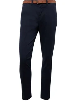 Pantalon Chino en coton marine uni avec une coupe slim et des poches latérales