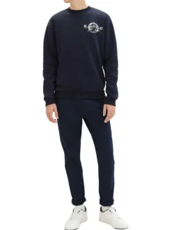 Pantalon Chino en coton marine uni avec une coupe slim et des poches latérales