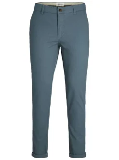 Pantalon chino en coton mélangé bleu uni à coupe slim fit et à taille basse