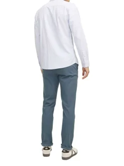 Pantalon chino en coton mélangé bleu uni à coupe slim fit et à taille basse