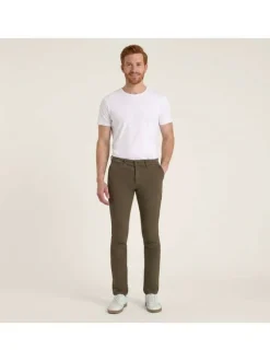 Pantalon Chino en coton mélangé taupe uni avec coupe slim et passants