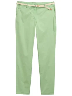 Pantalon Chino en coton mélangé vert uni avec une ceinture et une à coupe slim