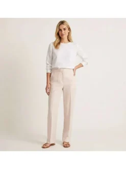 Pantalon chino en lin beige uni pourvu d'une taille intermédiaire