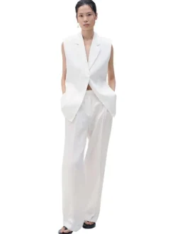 Pantalon chino en lin blanc uni avec une coupe droite et une taille mi-haute