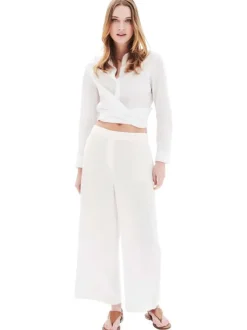 Pantalon chino en lin blanc uni avec une coupe flare et une taille élastiquée