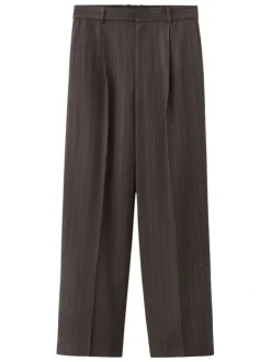 Pantalon chino en lin brun à rayures blanches avec une coupe droite