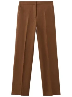 Pantalon chino en lin chocolat uni pourvu d'une coupe droite