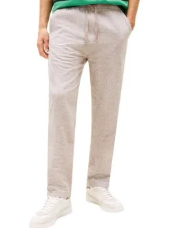 Pantalon Chino en lin et coton taupe uni avec une coupe droite