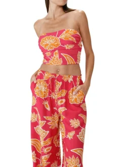 Pantalon chino fuchsia à motifs pourvu d'une taille élastiquée