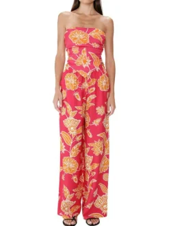 Pantalon chino fuchsia à motifs pourvu d'une taille élastiquée