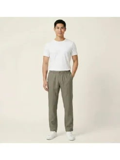 Pantalon chino kaki en lin pourvu d'une taille élastiquée froncée