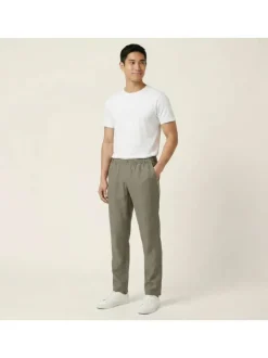 Pantalon chino kaki en lin pourvu d'une taille élastiquée froncée