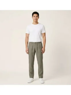 Pantalon chino kaki en lin pourvu d'une taille élastiquée froncée