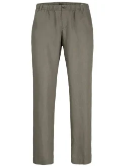 Pantalon chino kaki en lin pourvu d'une taille élastiquée froncée