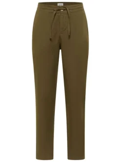 Pantalon chino kaki uni en coton et lin mélangé avec une coupe ajustée