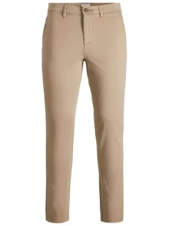 Pantalon chino Marco beige uni en coton avec une coupe slim et des poches