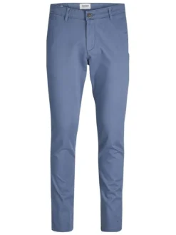 Pantalon chino Marco Bowie en coton mélangé bleu uni avec une coupe slim