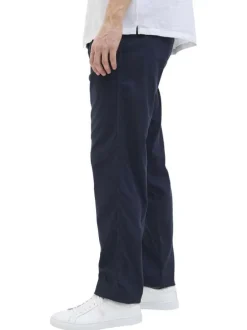 Pantalon chino marine en coton et lin mélangés pourvu d'un cordon de serrage
