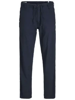 Pantalon chino marine en coton et lin mélangés pourvu d'un cordon de serrage