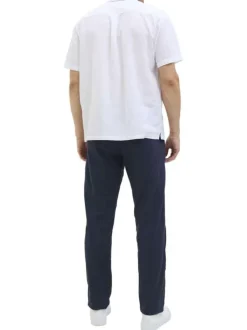 Pantalon chino marine en coton et lin mélangés pourvu d'un cordon de serrage