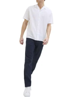 Pantalon chino marine en coton et lin mélangés pourvu d'un cordon de serrage