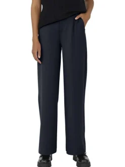 Pantalon chino marine uni pourvu d'une taille élastiquée et d'une coupe bootcut