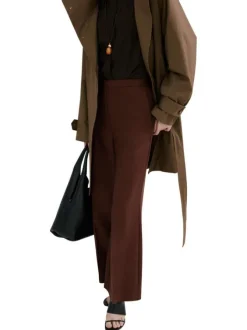 Pantalon chino marron uni pourvu d'une coupe large et d'une taille haute