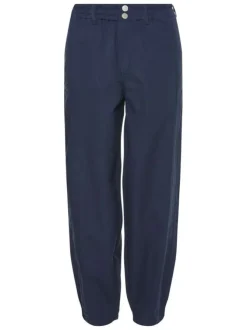 Pantalon Chino Mom Jog en coton biologique et lin marine uni avec une coupe régular et cheville resserrée élastiquement