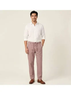 Pantalon chino rose en coton et lin mélangés pourvu d'un cordon de serrage