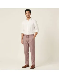 Pantalon chino rose en coton et lin mélangés pourvu d'un cordon de serrage