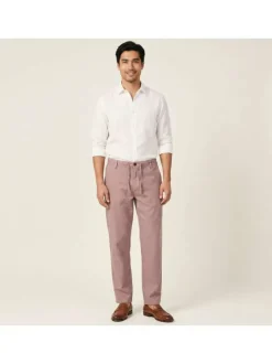 Pantalon chino rose en coton et lin mélangés pourvu d'un cordon de serrage