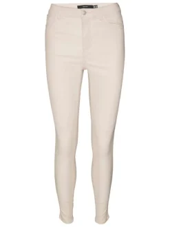 Pantalon écru uni avec une coupe skinny et une taille haute à 5 poches