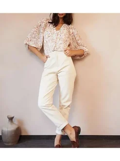 Pantalon DAREN écru en coton uni coupe droite