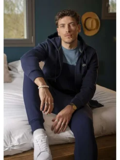 Pantalon de jogging marine en coton coupe slim avec logo brodé et liens de serrage à la taille