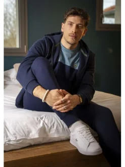 Pantalon de jogging marine en coton coupe slim avec logo brodé et liens de serrage à la taille
