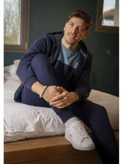 Pantalon de jogging marine en coton coupe slim avec logo brodé et liens de serrage à la taille