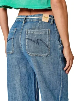 Pantalon denim en coton bleu uni avec une coupe ample et une corde à la taille