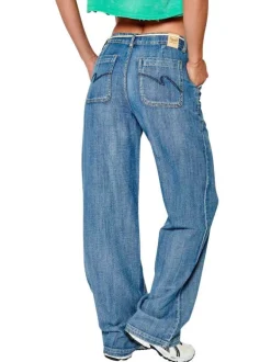 Pantalon denim en coton bleu uni avec une coupe ample et une corde à la taille