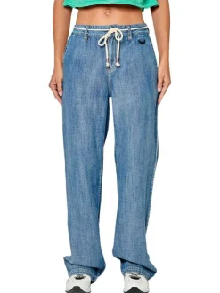 Pantalon denim en coton bleu uni avec une coupe ample et une corde à la taille