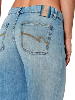 Pantalon denim en coton stone uni à coupe droite large avec deux poches plaquées