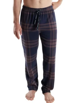 Pantalon de pyjama en coton marine coupe droite à carreaux bruns et marine