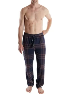 Pantalon de pyjama en coton marine coupe droite à carreaux bruns et marine